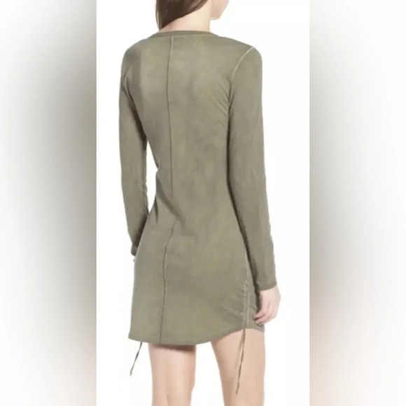 PAM & GELA Ruched Side Tie Bodycon Mini Dress Shirred Scoop Neck Cotton Olive - Picture 13 of 14